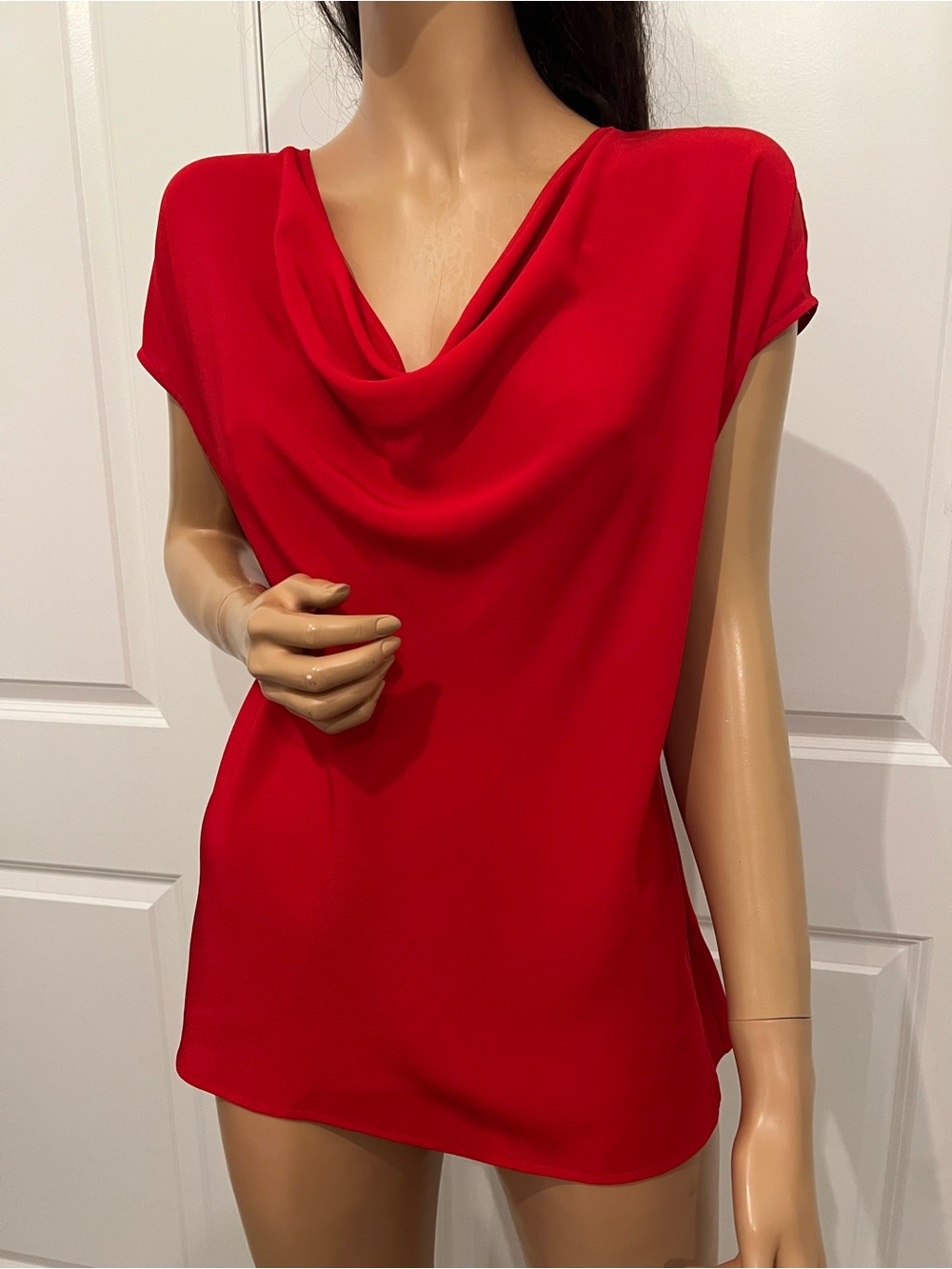 Escada Red 100% Silk Cowl Neck Short Sleeve Blouse Top Size 40